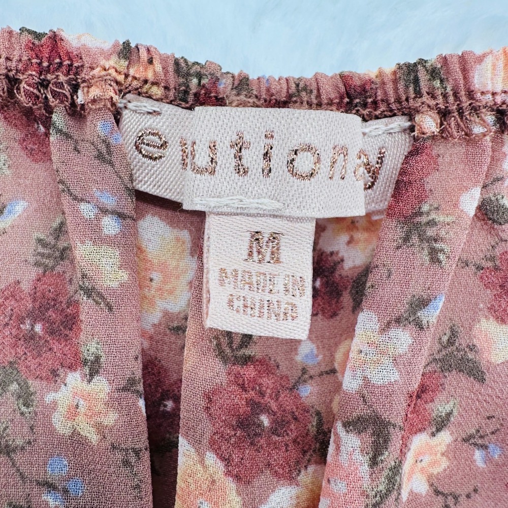 Evolutionary Floral Smocked Peplum Top Brown Pink Sweetheart Puff Sleeve Medium - Picture 4 of 9